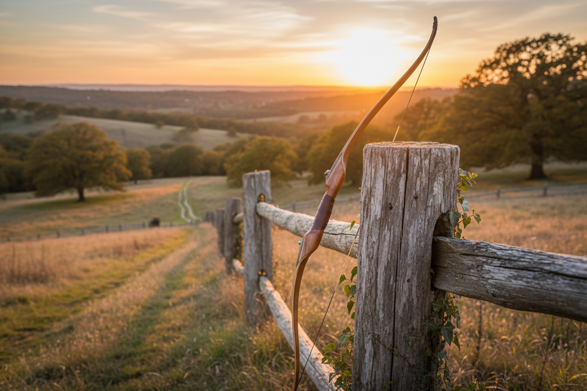A wooden bow leaning against a rustic split-rail fence in an outdoor field at sunset, with rolling hills, trees, and a golden sun in the background.